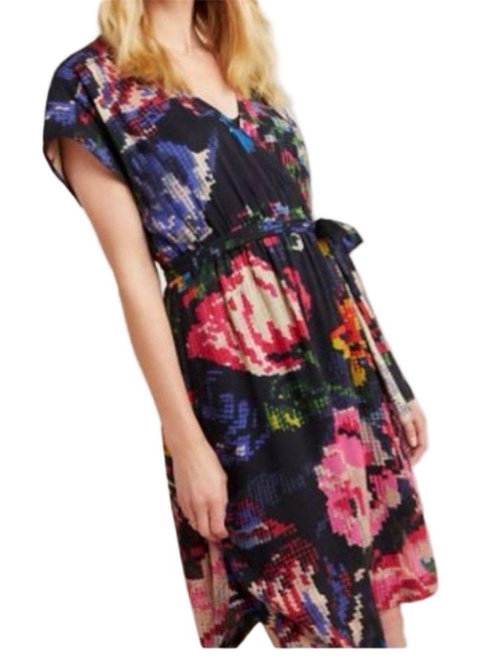 Anthropologie Astrid Needlepoint black floral V-neck mini dress with tie belt - Picture 1 of 14